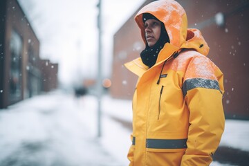 high visibility jacket in snowy weather - obrazy, fototapety, plakaty