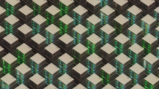 Server Room Expansion Futuristic Network Connection Scale, computing nodes Many server racks 3D animation Render on dark background
