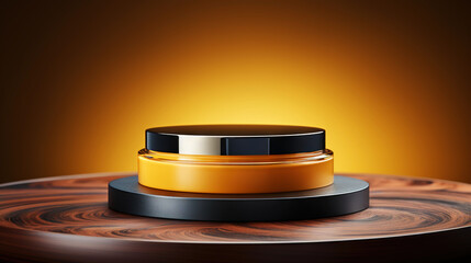 Minimalistic image of a jar of cream in studio lighting. Luxurious dark yellow metallic color. Generative AI