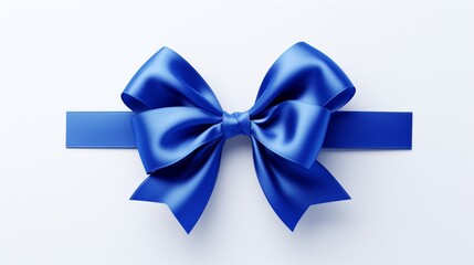 A sophisticated blue ribbon with a chic bow, placed on a white background, highlighting the ribbon's smooth surface and the bow's flawless structure in a high-resolution image