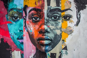 A mesmerizing mural of a woman's face, created with vibrant acrylic paints, captures the essence of modern street art in this stunning visual masterpiece