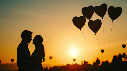 View om couple's silhouette holding in hands a red heart air balloons