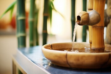 closeup of a calming bamboo water fountain