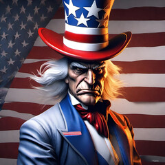 Patriotic American Uncle Same with long top hat in red white and blue