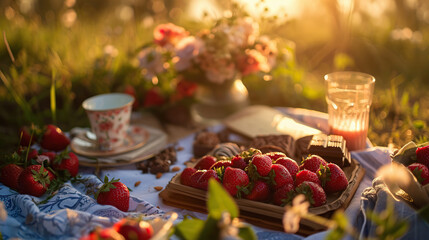 Obraz na płótnie Canvas Romantic picnic with sweets, chocolate and strawberries on summer meadow sunset