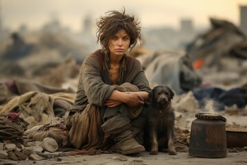 Homeless young woman in dirty clothes with her dog by her side amid mountains of garbage, drought, water shortage problem