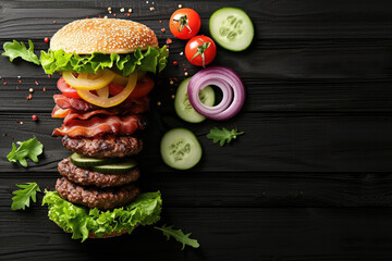 Floating burger isolated on black background. Ingredients of a delicious burger with ground beef patty, lettuce, bacon, onions, tomatoes and cucumbers on dark background