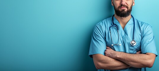 Male doctor with stethoscope in hospital, isolated on pastel background with copy space