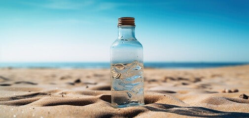 a clear plastic bottle of water in the middle of the sand, image made with generative ai technology.