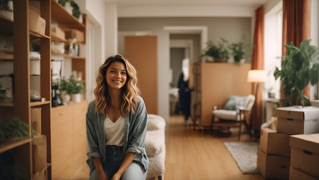 portrait of a woman smiling while packing to move house