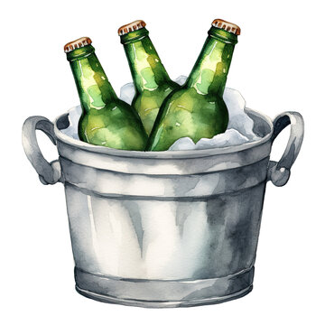 recommend clip art: AI-generated watercolor Beer bottles in a metal bucket clip art illustration. Isolated elements on a white background.