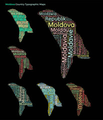 Moldova. Set of typography style country illustrations. Moldova map shape build of horizontal and vertical country names. Vector illustration.