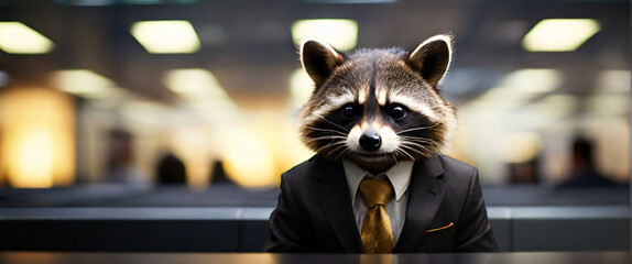 Business Raccoon wearing suits in an office, seated in front of a commanding monitor - obrazy, fototapety, plakaty