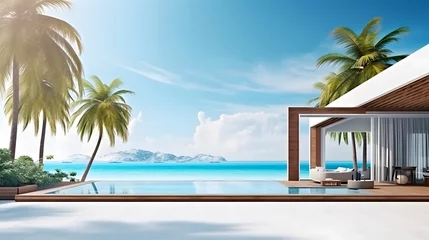 Keuken spatwand met foto Tropical minimalistic mockup. Luxury panoramic view at exotic resort on turquoise seascape background. villas on beautiful beach on the ocean © Ziyan