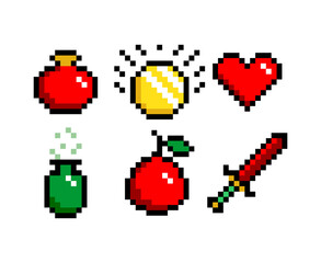 Fototapeta premium 8-bit pixel graphics icon set. potion, sword coin and heart. Game assets. Isolated vector illustration.