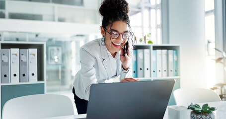 Phone call, laptop and happy corporate woman, advocate or attorney smile for online results,...