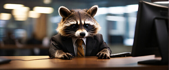 Business Raccoon wearing suits in an office, seated in front of a commanding monitor - obrazy, fototapety, plakaty