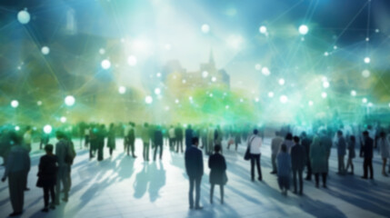 View of a crowd with a network of connections, blurred background. Smart city