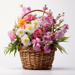 Fototapeta na wymiar Wicker basket with beautiful spring flowers on white background