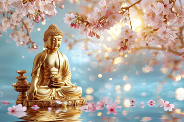 golden buddha with branches of blossoming cherry background with blue sky