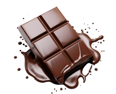 Delicious chocolate bar piece falling into chocolate splash, cut out