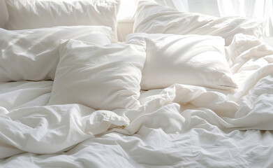 Fototapeta na wymiar White pillows and white duvet lay on the bed with the rays of the morning sun hitting it