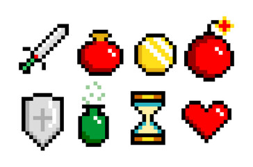 8-bit pixel graphics icon set. potion, sword coin and heart. Game assets. Isolated vector illustration.