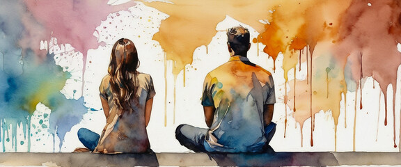 The back of a man and a woman sitting side by side. Smeared paint marks on white background. Illustration in watercolor style.