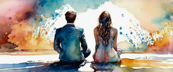 The back of a couple sitting side by side. expressed in various colors of paint. Illustration in watercolor style.