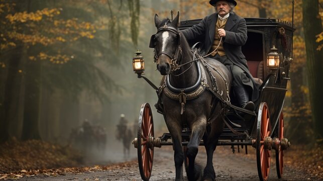 An old coachman on a horse in the middle of the forest.