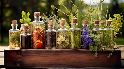 pharmaceutical bottle of medicine. Preparation of medicinal plants. Ready potion of grass. Ethnoscience.