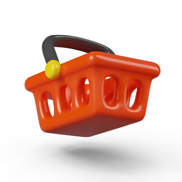 Side view on flying red plastic basket with black handle. Equipment for shopping in supermarket. Vector illustration in 3d style with white background