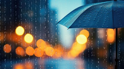 Raindrops on a umbrella outside on a rainy day. Blurry city background - obrazy, fototapety, plakaty