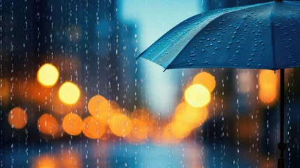 Fotobehang Raindrops on a umbrella outside on a rainy day. Blurry city background © brillianata