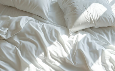 White pillows and white duvet lay on the bed with the rays of the morning sun hitting it