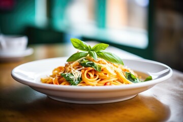 plate of spaghetti with tomato sauce and basil leaves