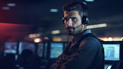 Air traffic controller with headset talk on a call in airport tower portrait - obrazy, fototapety, plakaty