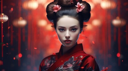 Geisha portrait on a blurred background. Image of young geisha woman