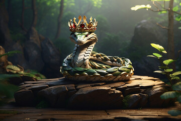 Illustration of a green snake wearing a crown in the forest