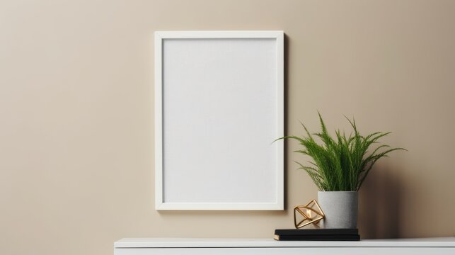 Empty wooden picture frame mockup hanging on wall background. Modern interior.