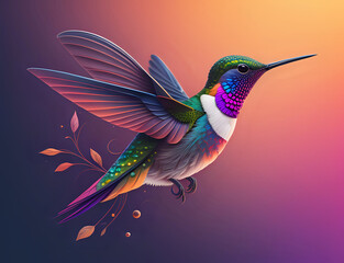 Fliegender Kolibri mit lila buntem Hals - obrazy, fototapety, plakaty