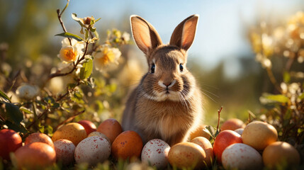 Cute little bunny and Easter eggs in grass on sunny spring day. Generative AI