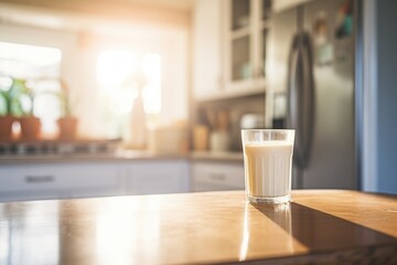 glass of milk on kitchen counter with morning light