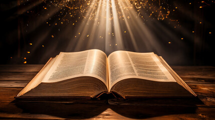 Open holy bible on wooden table with rays of light and bokeh.  AI generative