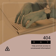 Composition of 404 day text over hands of caucasian man using laptop