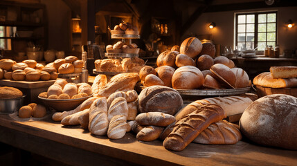 Variety of bread on display at a bakery shop.  AI generative - obrazy, fototapety, plakaty
