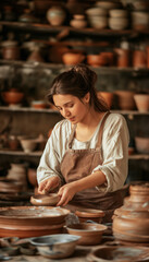 The girl is a potter, making dishes out of clay