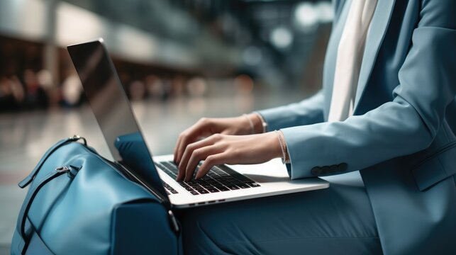 a woman in a blue suit is typing on a laptop at the airport. businessman in the terminal with luggage. work online - Powered by Adobe