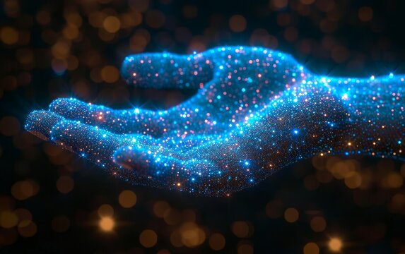 Close up of businessman hand holding creative glowing upward arrow on blurry glowing blue bokeh circles background. 