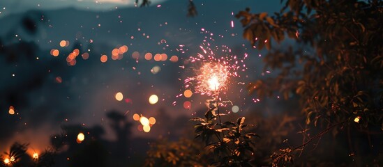During Diwali, the night sky transformed into a mesmerizing tapestry of colors and light as a firework exploded, illuminating the festive atmosphere. - obrazy, fototapety, plakaty